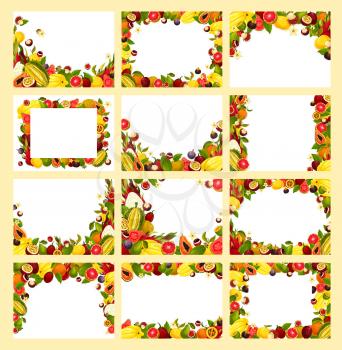 Fruit frame of exotic and tropical berry with copy space. Papaya, grapefruit and orange, feijoa, fig and durian, lychee, dragon and passion fruit, starfruit, guava and rambutan for food themes design