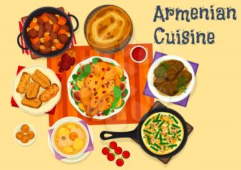 Armenian cuisine icon of meat dinner dishes with dessert. Vegetable lamb stew, beef dolma and green bean lobio, rice and nuts stuffed chicken, pea soup, fresh baked bread and cookie