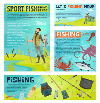 Sport fishing cartoon banner template for fisherman club or fishing tournament design. Fisherman on lake bank with fish catch, fishing rod, tackle and boat, seafood tuna, octopus, crab and river perch