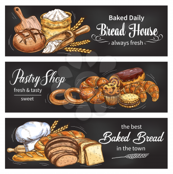 Bread blackboard banner set for bakery and pastry shop template. Fresh bread, baguette and croissant, bun, cupcake and cake, cookie, bagel and sweet roll chalk sketch with wheat flour and baker hat