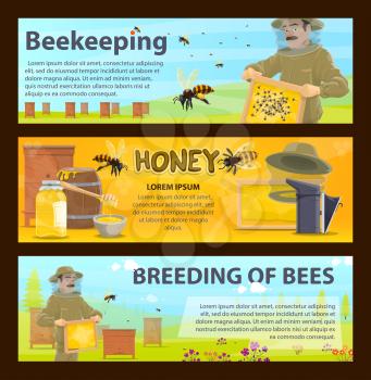 Honey bee breeding and beekeeping banner set. Beekeeper with honeycomb frame on beekeeping farm, apiary beehive with bees and natural honey jar, apiarist in protective suit and hat cartoon poster