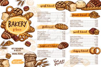 Bakery menu of fresh bread product for cafe dessert and pastry shop template. Wheat bread, cake and croissant, baguette, muffin and cupcake, pie, roll bun and cookie, toast and bagel sketch banner
