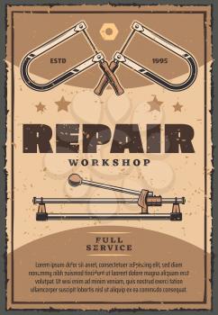 Repair workshop vintage poster of work tools fretsaw or vise and bolt instruments. Vector retro design with stars for car garage or mechanic service and home repair or construction