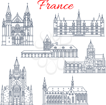 France architecture landmarks and famous historic buildings thin line icons. Vector facades set of Saint Auban cathedral in Guerande and Etienne in Caen, Molsheim church or Ducal Palace in Nievre