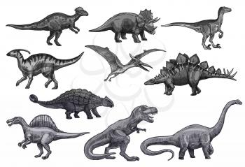 Dinosaurs sketch icons for Jurassic park design. Vector isolated set of triceratops or t-rex, brontosaurus or pterodactyl and stegosaurus, pteranodon or ceratosaurus and parasaurolophus