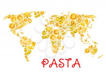 Pasta in world map poster for Italian traditional cuisine design. Vector Italy pasta lasagna or spaghetti and tagliatelle, ravioli or pappardelle and farfalle or fettuccine for restaurant menu