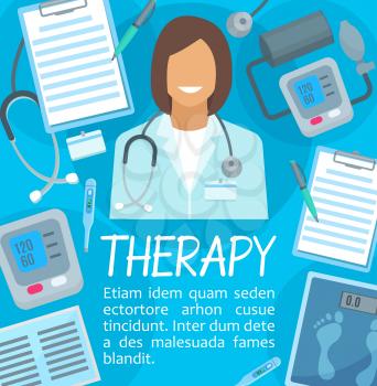 Medical therapy poster for hospital or clinic design. Vector doctor or nurse with medical items of X-ray, stethoscope or blood pressure meter and thermometer for healthcare center
