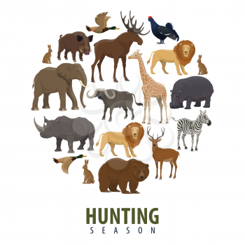 Hunting open season poster of wild animals. Vector design of elephant, zebra or wild bear and forest duck, aper hog with hippopotamus, lion or buffalo and hare with grouse for African Safari hunt