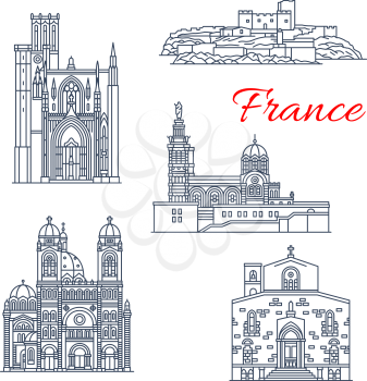 France architecture landmarks and famous Marseilles historic buildings thin line icons. Vector facades If Chateau castle fort, Notre Dame de Garde and Puy cathedral or Saint Sauveur