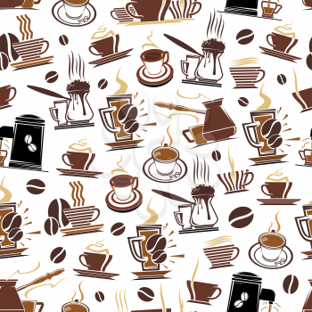 Coffee pattern background for coffeehouse or cafe. Vector seamless design of coffee makers, cups and beans, hot espresso, americano or cappuccino and chocolate mug for cafeteria