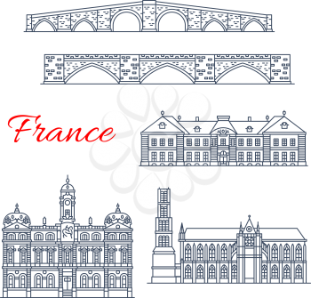 France architecture landmarks and famous historic buildings thin line icons. Vector facades If Episcopal municipal museum, Saint Etienne cathedral and Martial bridge in Limoges or Lyon city tower