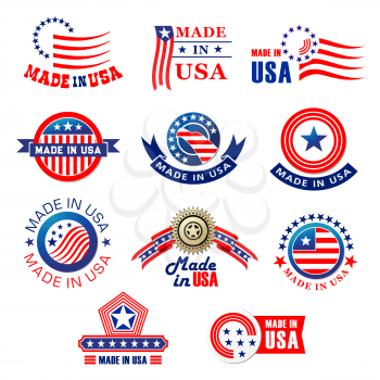 Made in USA premium quality product tags set. Vector badge made in America with American flag stripes and stars on red ribbon for best quality production label or industrial company
