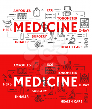Medical poster of thin line art symbols and medicine icons of surgery and therapy health care. Vector design of cardiology ecg cardiogram, x-ray and tonometer or inhaler and pharmaceutical herbs