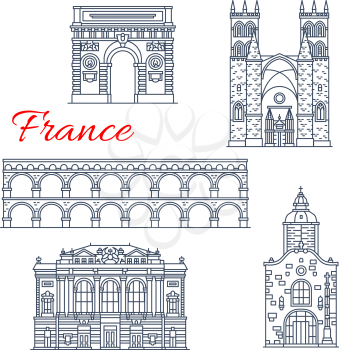 France landmarks and famous historic architecture buildings of Montpellier. Vector thin line facades icons of If Saint Aurelien chapel, Triumphal Arch or Opera, Aqueduct and Saint Pierre Cathedral