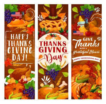 Thanksgiving Day greeting banner for autumn harvest holiday celebration. November pumpkin, roasted turkey and yellow leaf, cornucopia, apple pie and pilgrim hat festive card on wooden background