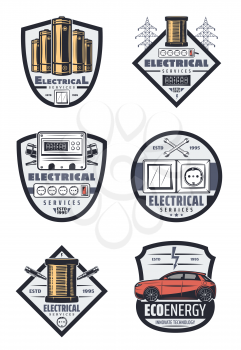 Electrical service icons for home electricity and car transport electric system repair. Vector isolated set of power energy, accumulator or battery and high voltage lines with ammeter