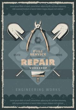 Engineering and repair works vintage poster of repairman tools and instruments. Vector retro design with spades, home renovation and stucco spatula and electricity repair nippers with bolts or nuts
