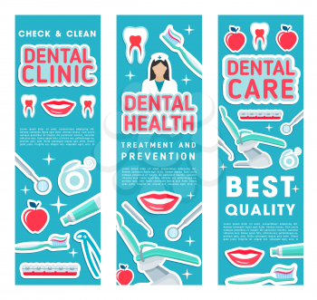 Dental health clinic banners for dentistry medicine of dentist items. Vector design of dental treatments and orthodontic medical tools, apple and tooth, toothpaste or toothbrush and implants