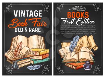 Vintage and rare books fair sketch posters for literature edition or advertisement. Vector design of old rare books and writer ink with quill pens for bookshop or rarity bookstore
