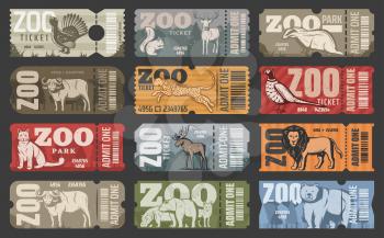 Zoo tickets for zoological park admit with wild animals. Vector vintage design of African lion, hippopotamus or puma and bear, elk or buffalo with wolf or fox and squirrel