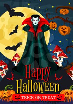 Happy Halloween trick or treat night celebration greeting banner. Spooky vampire, pumpkin lantern and bat, full moon night sky and creepy cemetery tree for october holiday party invitation design