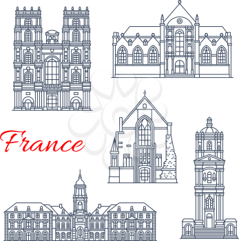 France landmarks and famous historic architecture buildings. Vector thin line facades of Saint Germain church, Saint Ives and Sever basilica, Notre Dame cathedral and city tower of Rennes