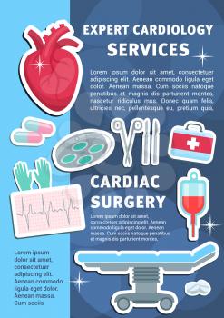Cardiology medicine poster for heart health clinic and medical surgery. Vector design of cardiologist operating table, blood dropper or syringe and treatment pills with cardiogram