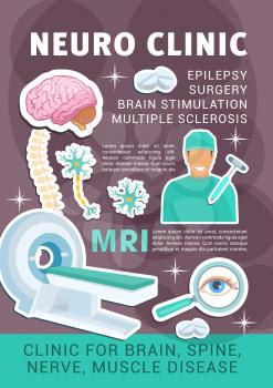 Neuro clinic poster of neurology medicine for surgery, epilepsy and sclerosis. vector design of brain tomography or MRI scanner, spine joints nerves and muscle neural cells with treatment pills