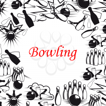 Bowling sport game poster with ball and pins frame. Bowling strike, skittle and ball on lane black and white banner, decorated with comics book explosion and cloud for sport club design