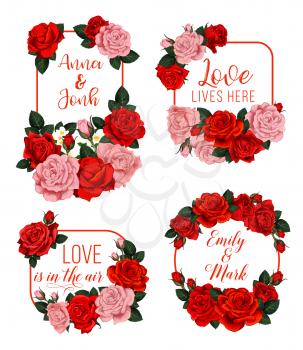 Wedding card with floral frame of rose flower. Wedding invitation, save the date and engagement party festive banner with red and pink rose flower and bud, flowering garden plant and jasmine branch