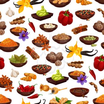 Spice and herb seamless pattern background with aroma food ingredient. Clove, anise star and pepper, cinnamon, ginger and vanilla, cardamom, nutmeg and garlic, cumin, saffron, chili and turmeric