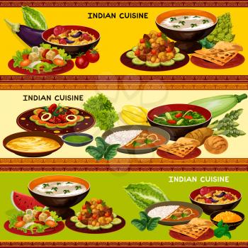 Indian cuisine restaurant banner with traditional asian food. Rice and sauce, served with lamb curry, flat bread and spinach chicken, almond soup, mushroom vegetable stew and rice pilaf with nuts