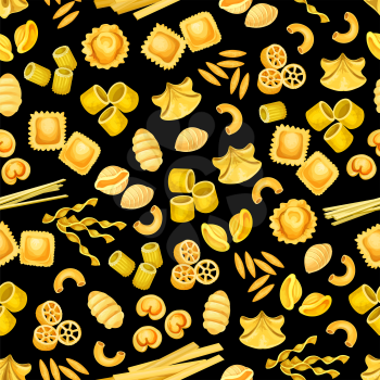 Pasta shape of italian food seamless pattern background. Pasta, spaghetti and macaroni, penne, rigatoni and fusilli, ravioli, fettuccine and gnocchi, noodle, orzo and rotelle of mediterranean cuisine