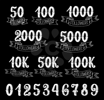 Followers counter retro symbols on black background. Social media web user number, network community follower, friend and subscriber thank you cards with ribbon banner