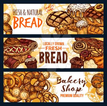 Fresh bread and pastry food sketch banner for bakery shop. Wheat bread, french croissant and baguette, cinnamon bun, fruit pie and cupcake, donut, cake and german pretzel for cafe menu cover design