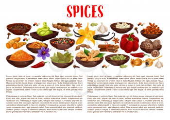 Spices banner with aroma food condiments and spicy seasoning border. Pepper, chili and ginger, cinnamon, vanilla and star anise, nutmeg, cardamom and bay leaf, garlic, saffron, turmeric and wasabi