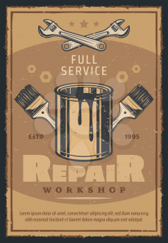 Repair workshop with work tool retro poster for car service and mechanic garage design. Wrench, paint and brush, adorned by spanner and screw for vintage advertising banner of motor vehicle service