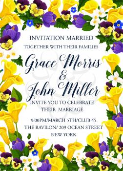 Wedding invitation card, decorated by spring flower frame. Blooming crocus, jasmine, pansy and calla lily floral border with text layout in center for marriage celebration party festive banner design