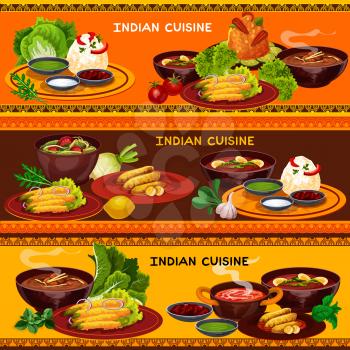 Indian cuisine restaurant menu banner with thali dish. Rice with green chutney, yogurt and chili sauce, curry and vegetable soup, pork rice, spinach chicken stew, fried pepper and banana fruit dessert
