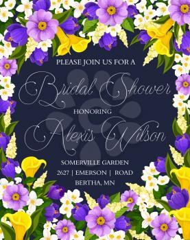 Bridal shower floral banner of wedding ceremony invitation. Blooming flowers frame border of crocus, jasmine, calla lily and flowering garden plant branches for greeting card design