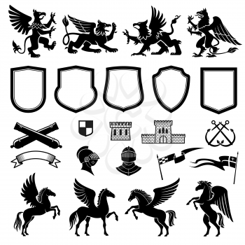 Heraldic animals and design elements for coat or arms and insignia template. Medieval shield, knight and flag, griffin, pegasus and ribbon banner, tower, crossed weapon and anchor for heraldry design