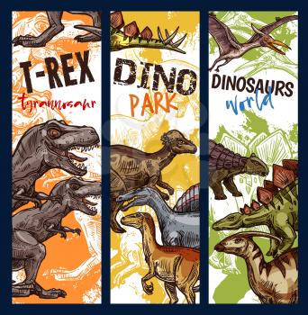 Dinosaur adventure park banner with jurassic animal. Dino monster sketch of tyrannosaurus rex, stegosaurus and pterodactyl, velociraptor, diplodocus and triceratops prehistoric predator flyer design