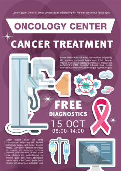 Oncology medical clinic banner for medicine and health care template. Cancer disease diagnostics and treatment promo poster design with MRI equipment, chemotherapy medicines and pink ribbon symbols