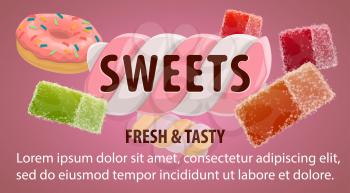 Sweet shop or candy store banner template with dessert food. Sugar spiral of marshmallow, fruit jelly candy and glazed donut, lollipop, caramel and bonbon poster for confection treat and snack design