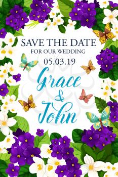 Save the Date wedding card with floral frame and flying butterfly. White blossom of jasmine branch with violet flower and green leaf border for marriage celebration party invitation design