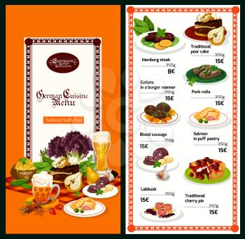 German cuisine restaurant menu template with European dinner dish. Beef meat steak and pork roll, salmon fish pie, blood sausage and meatball, chocolate pear cake and cherry pie dessert banner design