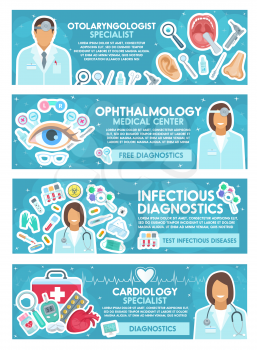 Cardiology, ophthalmology, ENT and infectious disease banner for hospital medicine design. Doctor medical specialist with tool, pill and test tube for diagnostic laboratory and medical clinic poster