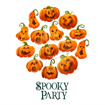 Halloween horror pumpkin invitation card for october holiday night party. Halloween orange pumpkin or jack o lantern festive banner for trick or treat night celebration design