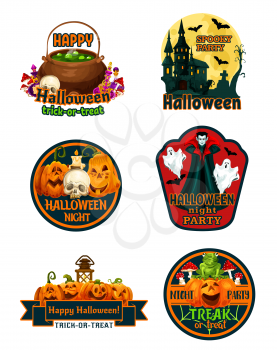 Halloween night party label set with october holiday horror pumpkin. Jack o lantern, ghost and bat, spooky house, skeleton skull and witch potion, spider net and ribbon banner with greeting wishes