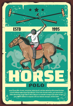Horse race or polo game retro poster with rider and animal in saddle. Mustang running to win vector design for sport club, vintage competition announcement with sportsman with stick riding back